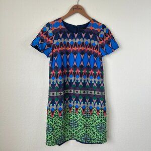 J Crew Dress Womens 2 Blue Green Geometric Silk Short Sleeve Mod Pockets